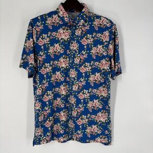 1764 Mens Blue Floral Rose Print Short Sleeve‎ Polo Golf Shirt Size L Athleisure